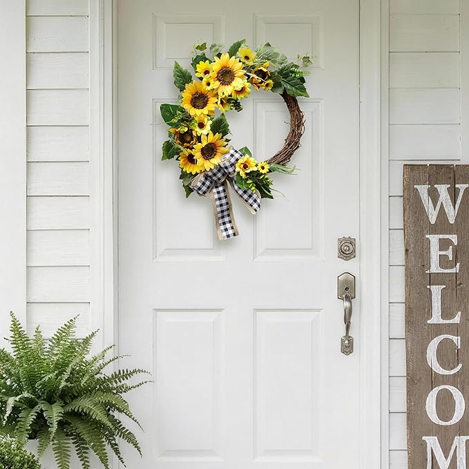 20 Inch Sunflower Spring Summer Wreath for Front Door, Artificial Sunflower Wreath with Green Leaves, Modern Farmhouse Wall Wedding Home Indoor Outdoor Decor