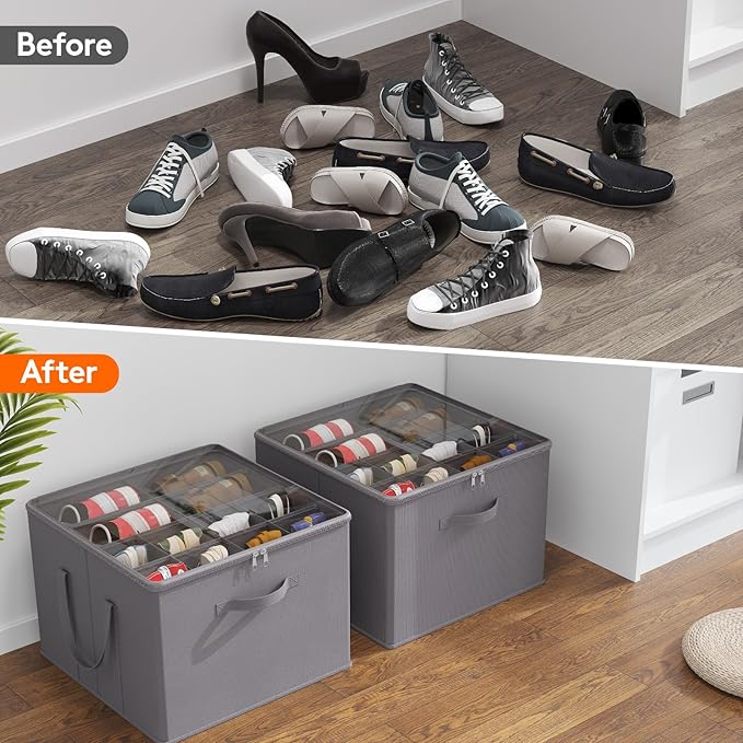 Lifewit Shoe Storage Organizer for Closet, Fabric Large Shoe Box Storage Containers with Clear Cover, Foldable Bins for Boots Heels Sneakers Fits 24-32 Pairs (Each 12-16 Pairs) 2 Pack Gray