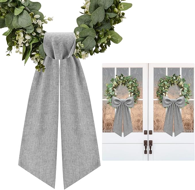 2 Pcs Grey Wreath Sash for Front Door Linen Wreath Ribbon Bow for Yard Porch Garland Home Decor
