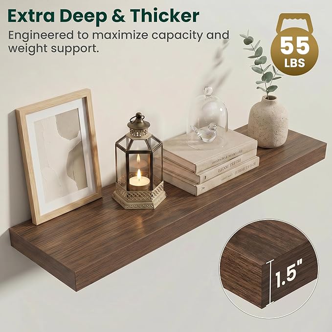 Floating Shelves for Wall 40 in x 9.3 in Deep, Wall Mounted Rustic Wood Shelf with Invisible Brackets for Storage & Display, Living Room Bedroom Bathroom, Walnut, 2 Pack