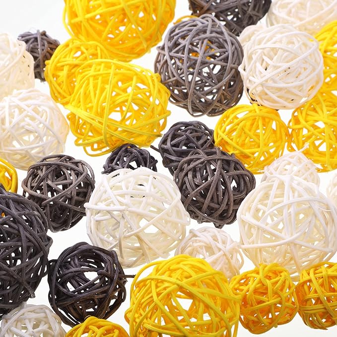 Patelai 36 Pcs Wicker Rattan Balls Decorative Balls for Vase Centerpiece Bowls Orbs Filler for Home Decor,4 Sizes(Yellow, Gray, White,2.4'',2'',1.6'',1.2'')