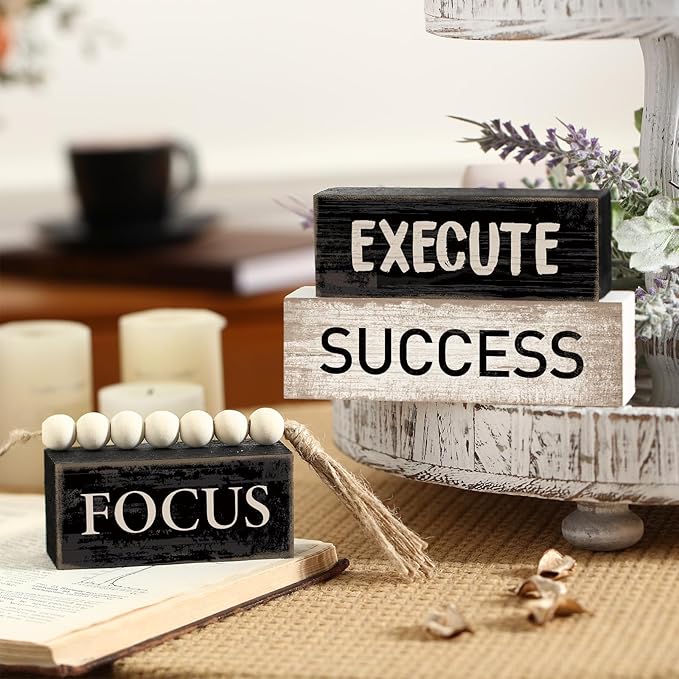 Yuntau 4 Pcs Motivational Desk Decor Wooden Office Decor Inspirational Tiered Tray Decoration Rustic Retro Wood Bead Garland Focus Execute Success Block Sign Farmhouse Centerpiece for Home Shelf