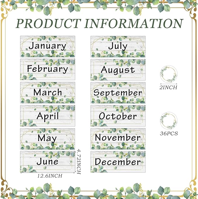 Zonon 48 Pieces Holiday Monthly Headliners Set 12 Months of The Year Headers Seasonal Monthly Bulletin Board Borders with 36 Round Blank Confetti Cutouts(Greenery)