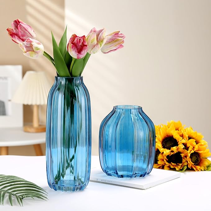 Blue Glass Vase for Flowers Bud Tall Glass Vases,H-12.0" Simple Striped Design for Home Floor Decor,Farmhouse Decor, Centerpiece Coffee Table Decorations (Blue 12.0IN)
