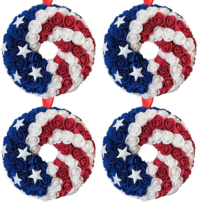 Idyllic 4 Pcs Patriotic Wreaths, 7 Inch 4th of July Decorations with Red White Blue PE Roses & 5 Stars - Includes Hanging Ribbons, Independence Day Wreaths for Front Door, Windows, Multi-Pack