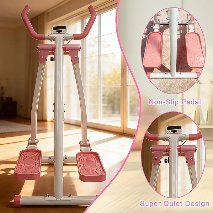 Elliptical Machine Glider - Foldable Cardio Cross Trainer for Home, Exercise Machine with LCD Display, Low-Impact Full-Body Workout Equipment for Small Spaces, Leg and Arm Exercise Machine, Pink