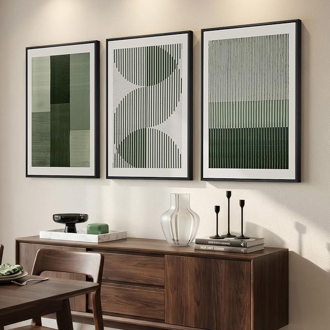 Large Framed Green Abstract Wall Art for Living Room, 3 Piece Modern Canvas Prints Paintings Artwork for Walls, Minimalist Sage Green Geometric Pictures Wall Decor for Hallway Dining Bedroom 24x36 In