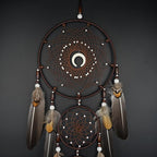 Bohemian Brown Dream Catcher with Moon Accent, Multi-Rings & Natural Feathers – Handmade Native American Style Wall Decor for Bedroom, Living Room, Boho Home Decoration & Gift(Brown 3 Rings)