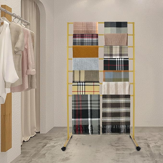 Scarf Organizer, 7-Tier Metal Scarf Display Stand with Wheels, Freestanding Scarf Display Rack, Retail Store Towel Rack, Ties Belt Pants Hanging Rack, for Boutique Display, Home (Gold-7 Rods)
