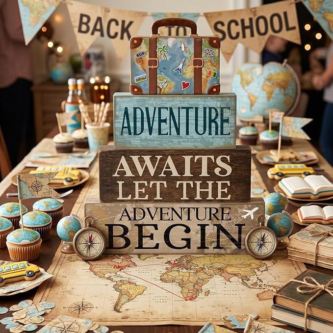 Lineshading 4 Pcs Travel Themed Party Decorations Travel Table Decor Vintage Suitcase Wooden Stacked Sign Bon Voyage Party Decor Adventure Awaits Table Centerpieces for Baby Shower Retirement Birthday