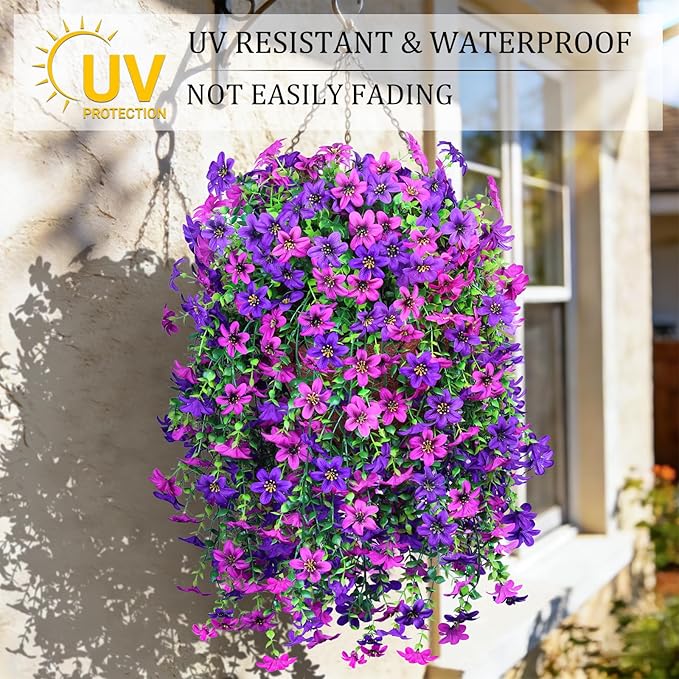INQCMY Artificial Hanging Flowers Decoration, 4pcs Fake Floral Basket Plants for Outdoor Porch, Faux Shrubs Home Spring Decor UV Resistant Potted Violets for Outside Garden No Fade