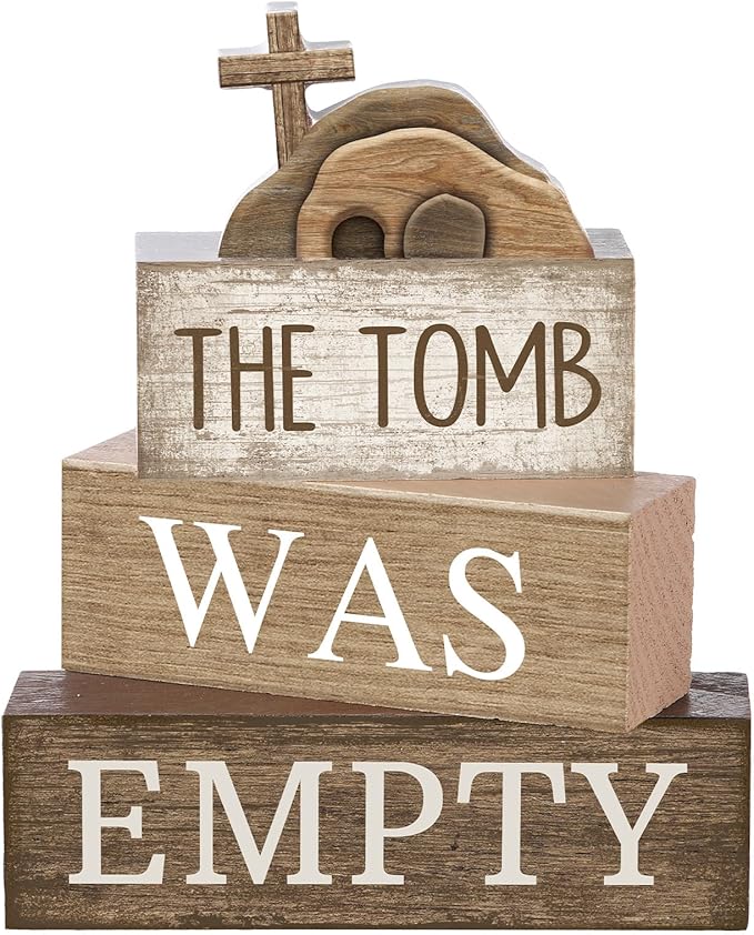 Lineshading 4 Pcs Easter Table Decorations Empty Tomb Wooden Block Sign Resurrection Scene Christian Decor with Cross, Vintage Religious Centerpieces for Easter, Home, Church, Faith Gift for Believers