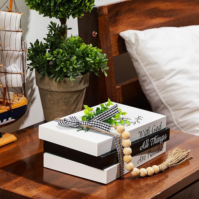 Capoda 3 Pcs Decorative Books for Home Decor Farmhouse Faux Stacked Books Wooden Rustic Table Decor with Bead Garland Twine Ribbon Faux Leaf for Table(Blessed)