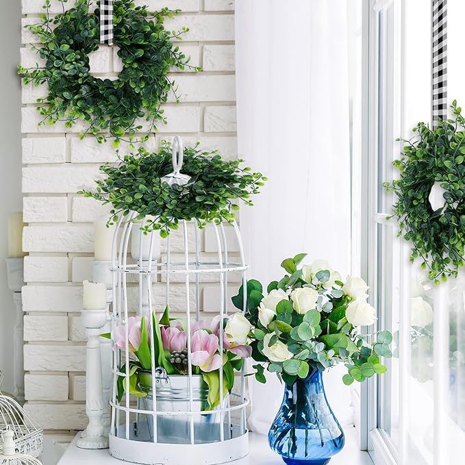 6 Pcs Mini Green Boxwood Candle Rings Wreaths Spring Summer Kitchen Cabinet Swags Wreath 3 Inch Wedding Rings Wreaths Pillar Candle Holder for Wedding Home Door Tabletop Decor