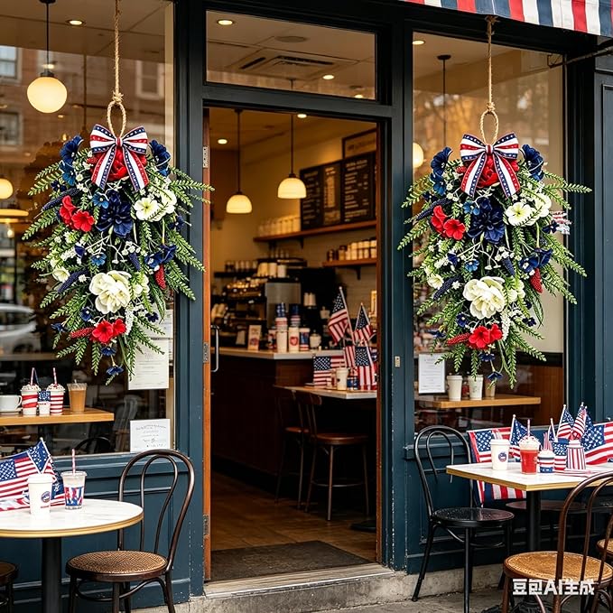 2 Pack 21'' Patriotic 4th of July Teardrop Swag Wreaths Independence Day Patriotic Floral Swag with Artificial Flowers and Fern Leaves Hanging Wreath for Double Front Doors Porch Window Wall Farmhouse