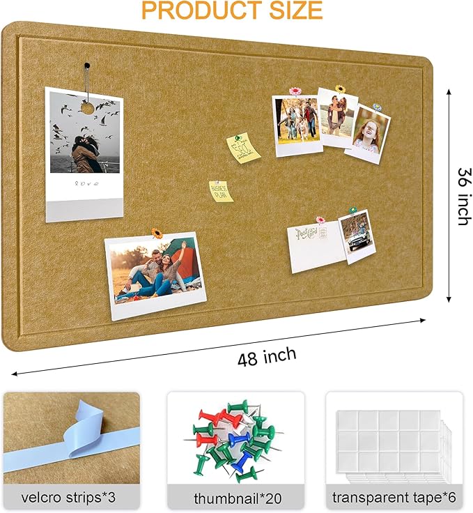 Large Bulletin Board - Foldable 36x48 Inches Cork Board Alternative with 20 Push Pins, 3' x 4' Self-Adhesive Felt Bulletin Board for Wall, Home Office Classroom Decor