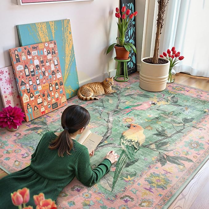 Lahome Botanical Birds Pink Rugs for Bedroom Girls, 5x7 Washable Living Room Dining Room Rugs for Under Table, Vintage Indoor Carpet Throw Nursery Carpet for Kids Classroom (5x7ft,Pink)