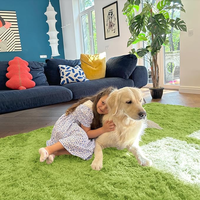 OLANLY 8x10 Machine Washable Large Area Rugs for Living Room, Bedroom, Soft Fluffy Shaggy Bedside Rug, Indoor Floor Carpet for Kids Girls and Boys, Dorms, Nursery, Home Decor Aesthetic, Grass Green