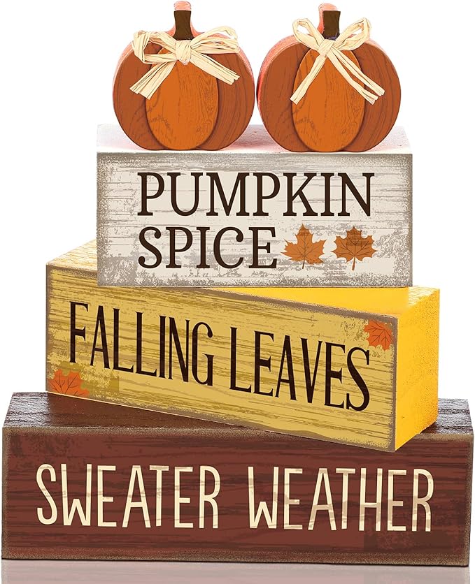 Lineshading 4 Pcs Fall Pumpkin Decor Fall Table Decoration Thanksgiving Tiered Tray Decor Thanksgiving Centerpiece Rustic Decorative Pumpkin Block Sign Gift Farmhouse Autumn Table Sign for Home