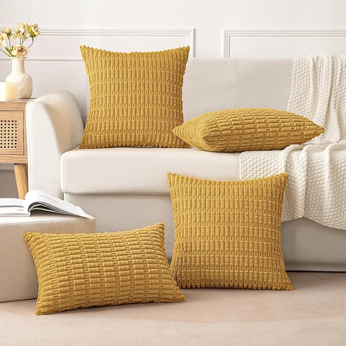 MIULEE Pack of 2 Corduroy Decorative Throw Pillow Covers 18x18 Inch Soft Boho Striped Pillow Covers Modern Farmhouse Home Decor for Summer Sofa Living Room Couch Bed Yellow