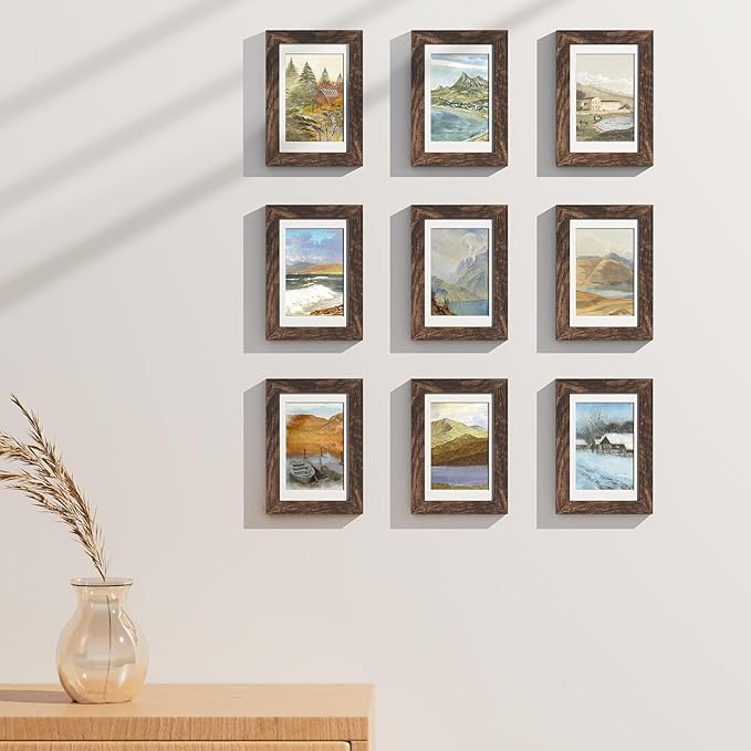 Vittanly 4x6 Picture Frames Set of 9, Shatter Resistant Plexiglass, Display 3.5x5 Pictures with Mat or 4x6 without Mat, Photo Frames for Wall or Tabletop, Engineered Wood, Brown