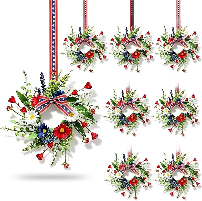 8 Pcs Mini Patriotic American Kitchen Cabinet Wreaths Small 4th of July Floral Swag Wreath for Front Door with Ribbon Daisy July Independence Day Hanging Wreath for Porch Wall Farmhouse Decor