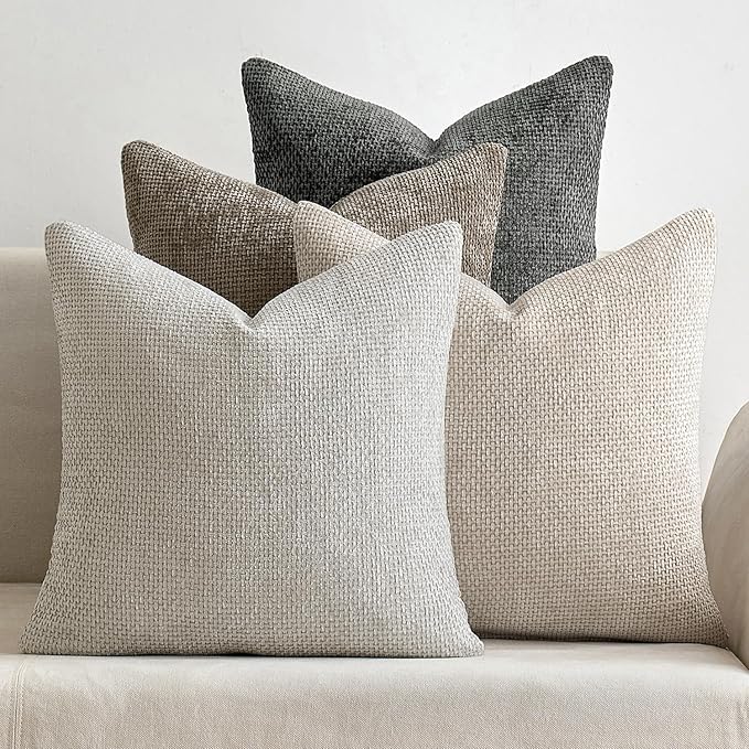 MIULEE Pack of 4 Couch Throw Pillow Covers 20x20 Inch Neutral Soft Decorative Chenille Pillow Covers Farmhouse Boho Cushion Covers for Mid Century Modern Spring Home Decor Sofa Bedroom Living Room