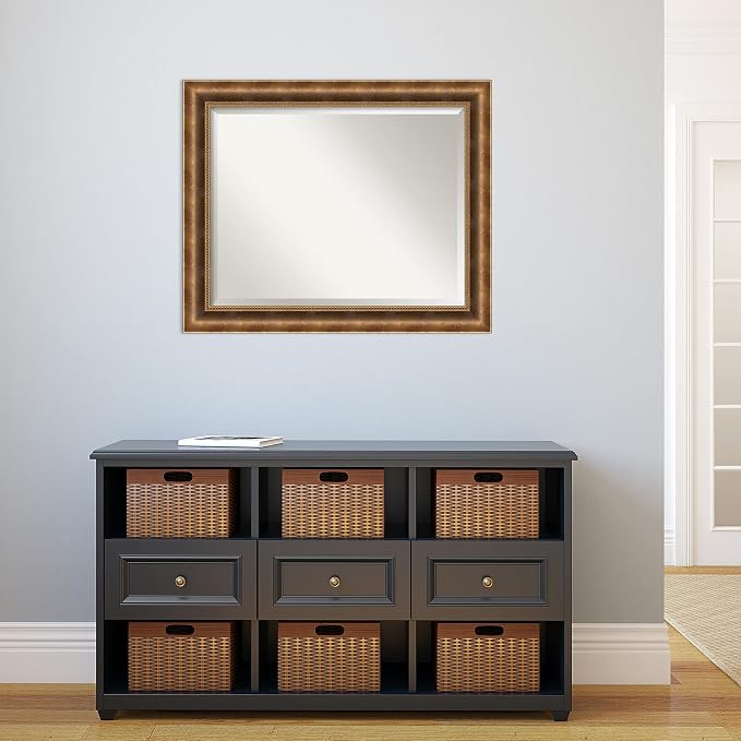 Amanti Art Bronze Wall Mirror 27x33 Manhattan Bronze Rectangle Bathroom Mirror for Wall Decor Living Room, Large Traditional Wood Frame, Hangs Horizonally and Vertically, Bathroom Decor, Beveled Edge
