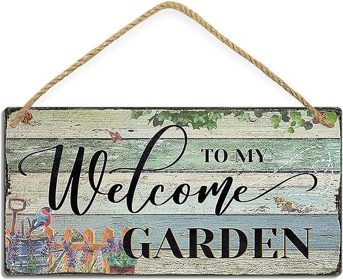 Retro Garden Wood Signs Welcome to My Garden Wooden Hanging Sign Plank Plaque Wall Art Decor Front Door Porch Kitchen Bedroom Garden Bar Pub Hotel 6x12 (A-1)