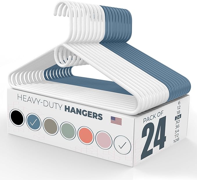 Neaties Heavy Duty Clothes Hangers 20 Pack (24 Count) – Made in The USA – 8lb Capacity Plastic Hangers for Adult Clothing – Durable for Pants, Coats, Jackets, or Jeans – White & Blue
