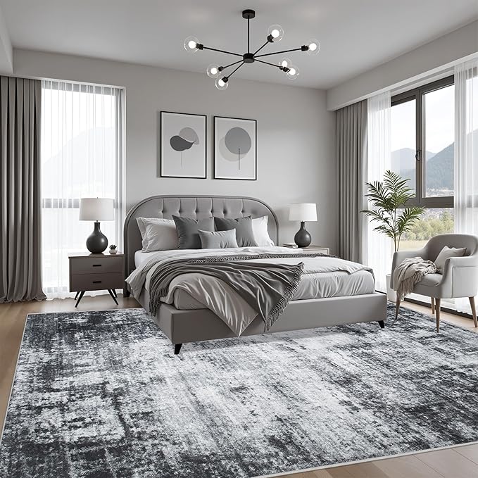 8x8 Area Rug Living Room Rug: Washable Modern Abstract Soft Thin Rug Indoor Floor No Slip Stain Resistant Carpet for Bedroom Dining Room Farmhouse Nursery Home Office - Dark Black