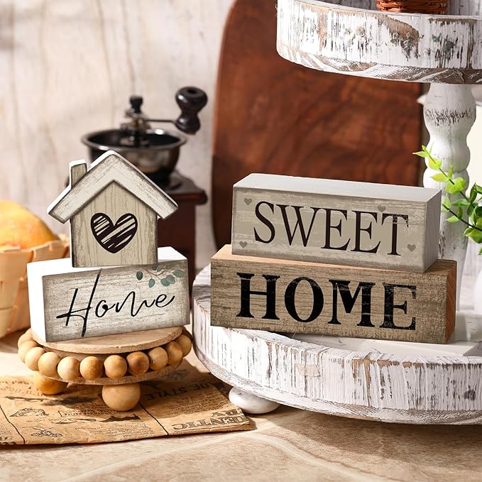 Moucuny 4 Pcs Wooden Farmhouse Tabletop Decor Rustic Home Tiered Tray Decor Decorative Highland Cow Home Eucalyptus Block Signs Gift Farmhouse Table Decoration for Kitchen Shelf(House)