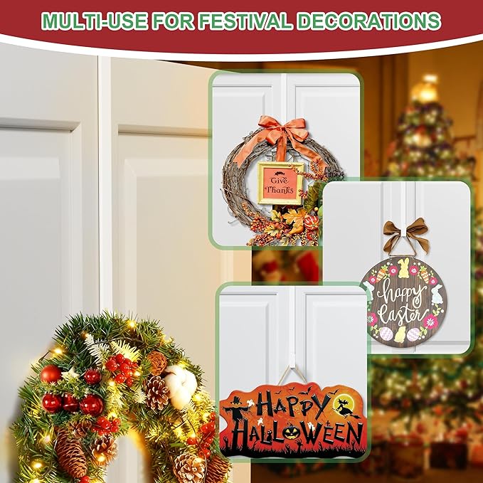 15" Reversible Wreath Hangers for Front Door, Fit Most Doors up to 1-3/4", Heavy Duty Steel Over The Door Hooks Hold up to 80 LBS for Spring & Easter Wreaths, Seasonal Door Decor (White 2 Pack)