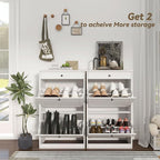 Shoe Cabinet with 2 Flip Drawers, Slim Freestanding Hidden Shoe Organizer with Drawer, Pet-Proof Shoe Storage Cabinet for Entryway Living Room Behind The Door, White