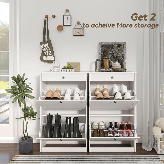 Shoe Cabinet with 2 Flip Drawers, Slim Freestanding Hidden Shoe Organizer with Drawer, Pet-Proof Shoe Storage Cabinet for Entryway Living Room Behind The Door, White