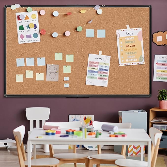 Extra Large Cork Bulletin Board 72" X 48", Foldable Notice Pin Board for Wall, Black Aluminium Framed 6'x4' Corkboard, Wall Mounted Noticeboard with 32 Push Pins for School, Home & Office