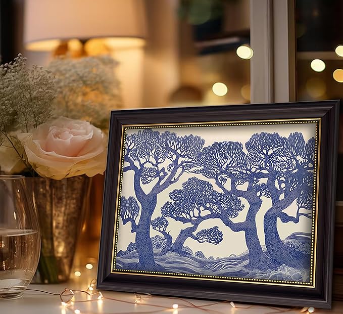 Vintage Gold Framed Wall Art Oak Tree Forest Painting Canvas Prints Blue Woodland Nature Landscape Picture Moody Botanical Poster Artwork for Living Room Bedroom, 9x11in