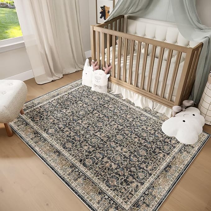 Washable 2x3 Entryway Rug, Boho Non-Slip Door Mat Vintage Distress Small Rugs for Kitchen Nursery Office Bedroom, 0.3" Neutral Oriental Throw Carpet with Cushioning Pad,Beige/Rust/Green/Multi