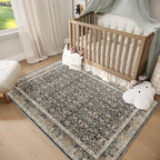 Washable 2x3 Entryway Rug, Boho Non-Slip Door Mat Vintage Distress Small Rugs for Kitchen Nursery Office Bedroom, 0.3" Neutral Oriental Throw Carpet with Cushioning Pad, Grass Green/Multi