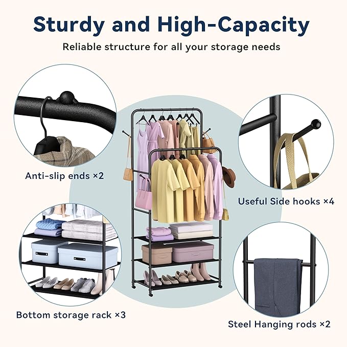 Whitmor Heavy Duty Adjustable Garment Rack-Rolling Clothes Organizer, Black and Chrome