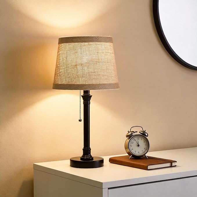 Oneach 19.5” Table Lamps Set of 2, Pull Chain Switch Bedside Table Lamps, Farmhouse Nightstand Lamp with Unique Natural Shade, Small Lamp for Living Room, Bedroom, Home Office, Nursery