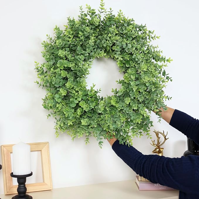26" Eucalyptus Wreath for Front Door, Porch, Window - Large Artificial Eucalyptus Leaves Greenery Outdoor Wreath for Home, Farmhouse Decor - Spring, Summer, Fall, All Seasons (Green)