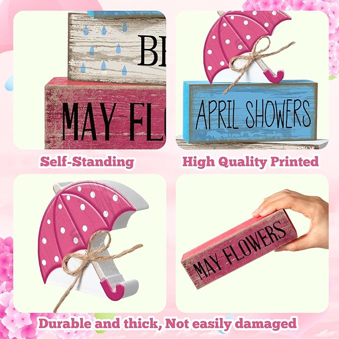Moucuny 4 Pcs Spring Summer Decorations for Home Wooden Umbrella Tiered Tray Decorations Summer Centerpieces for Tables Farmhouse Decorative Umbrella Faux Stack Block Sign for Home Shelf Decor