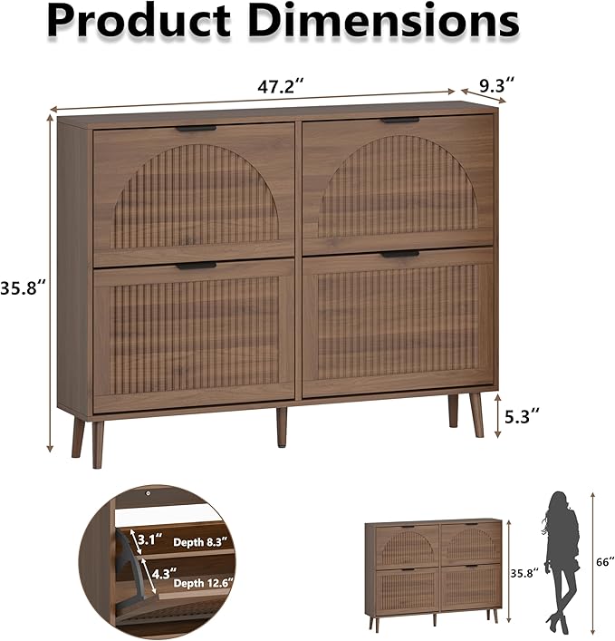 Shoe Cabinet for Entryway with 4 Flip Drawers, Slim Wooden Shoe Storage Organizer with Modern Fluted Pannel，Freestanding Narrow Hidden Shoe Rack for Hallway, Foyer, Living Room