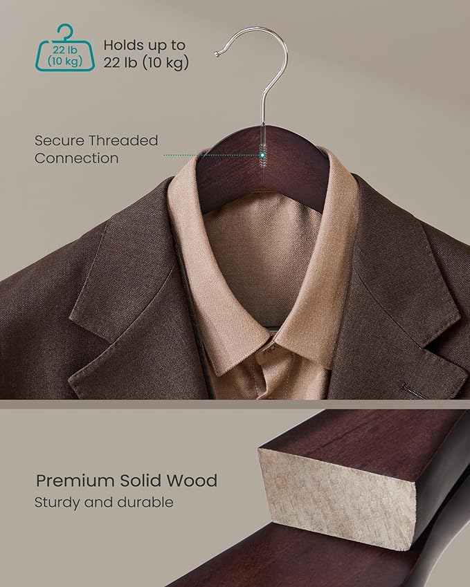 SONGMICS Extra Wide Wooden Suit Hangers, Set of 10 Clothes Hangers, Swivel Hooks, Non-Slip Bars, for Outfits, Suits, Coats, Shirts, Dresses, Mahogany UCRW050MZ01