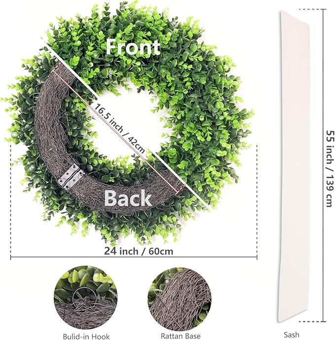 24-26'' Large Boxwood Wreath for Front Door, Porch, Window - Foldable Greenery Boxwood Wreaths for Farmhouse Wedding Indoor Outdoor Decor - Spring, Summer, Fall, All Seasons (with Sash)