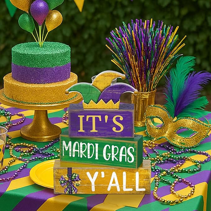 Lineshading 4 Pcs Mardi Gras Table Decorations Wooden Jester Hat Purple Golden Green Carnival Tiered Tray Decor Mardi Gras Centerpieces Decorative Hat Block Signs for Home Masquerade Party Kitchen