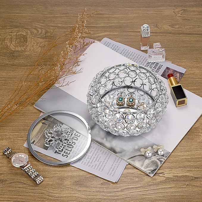 Hipiwe Crystal Jewelry Trinket Box with Glass Lid Large Silver Mirrored Treasure Box Decorative Jewelry Box Ring Earrings Necklace Storage Keepsake Box Gift for Women