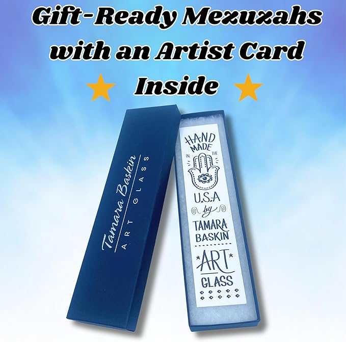Tamara Baskin Art Glass Mezuzah, Easy Mount Indoor or Outdoor Weatherproof Metal Case Gift Box and Non-Kosher Scroll Included Hand Made in USA Guaranteed for Life (Marbled Blue White)