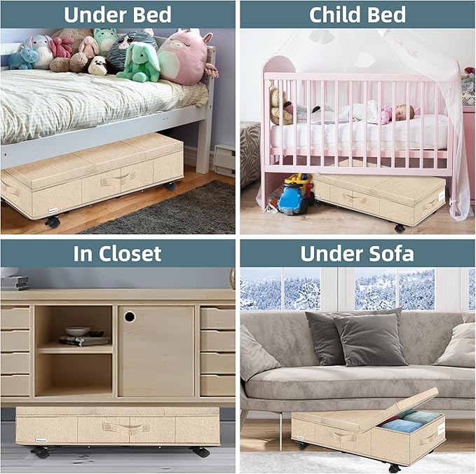 Under Bed Storage with Wheels, Rolling Underbed Storage Containers with Lids, Under Bed Shoe Storage Bins Organizer with Reinforced Metal Bottom Support and Three Handles